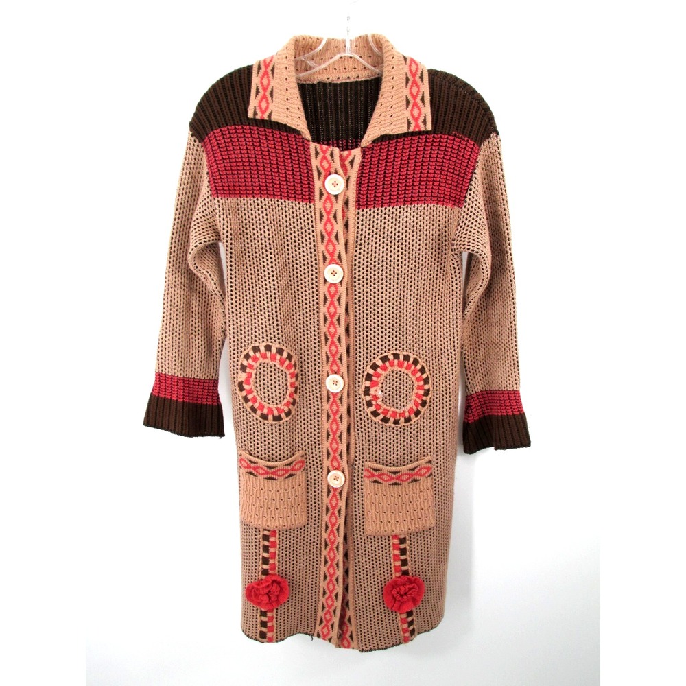 Vintage 70's Long Cardigan Sweater Women XS 32" Chest Multicolor Whimsical Retro